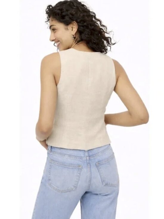 J.Crew Linen Button-front Fitted Vest | Natural-Tan | Sz-12 | Very Good Condit - Picture 2 of 12